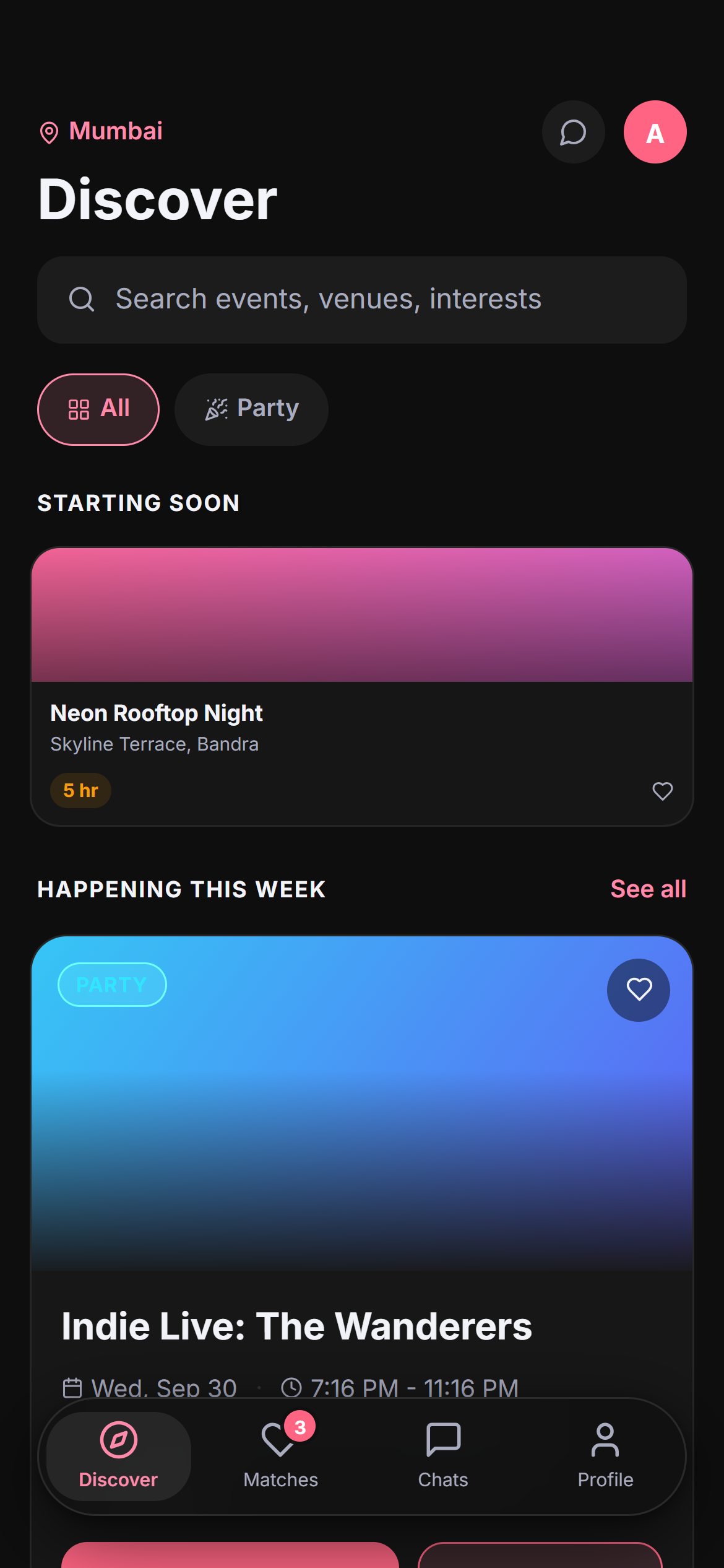 The real Vybe Date Discover screen, browsing events