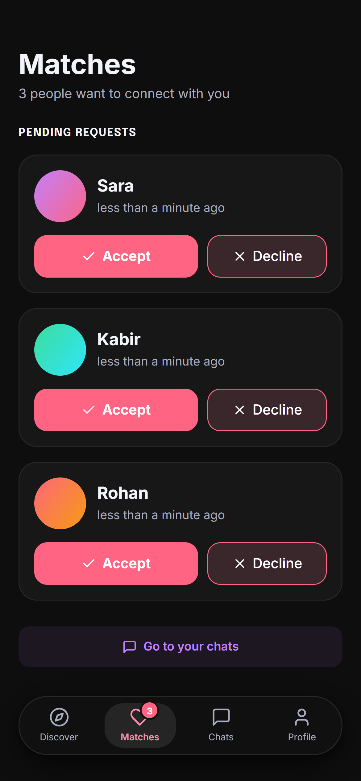 The real Vybe Date Matches screen, with pending match requests